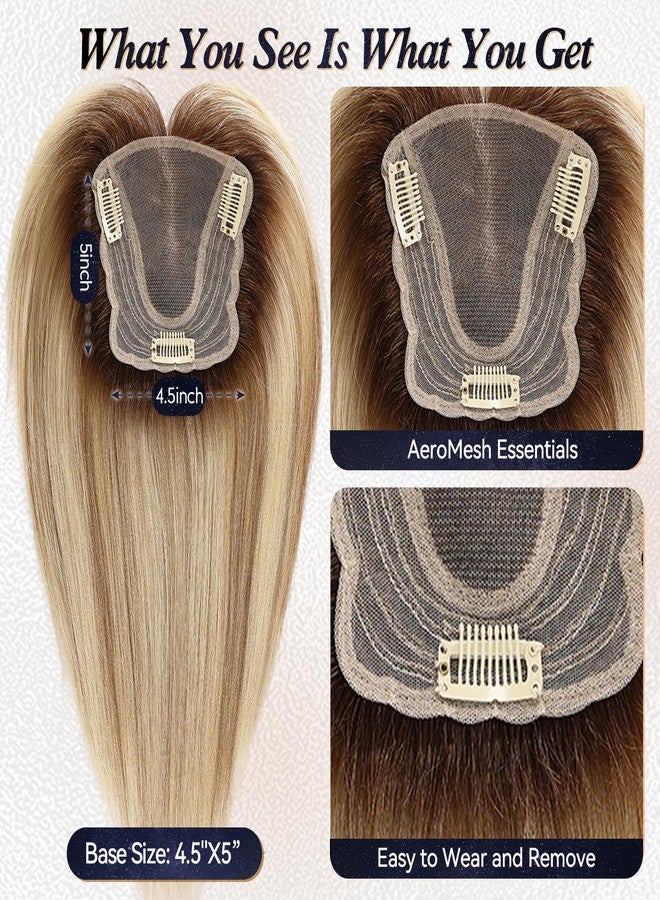 starluck 4.5"*5" Swiss Lace Base Hand-Tied Hair Toppers for Women Real Human Hair Topper，14 inch，With Bangs SilkHug Hair Topper for Women with Thinning or Grey Roots (Brown with Blonde Highlight) - Image 3